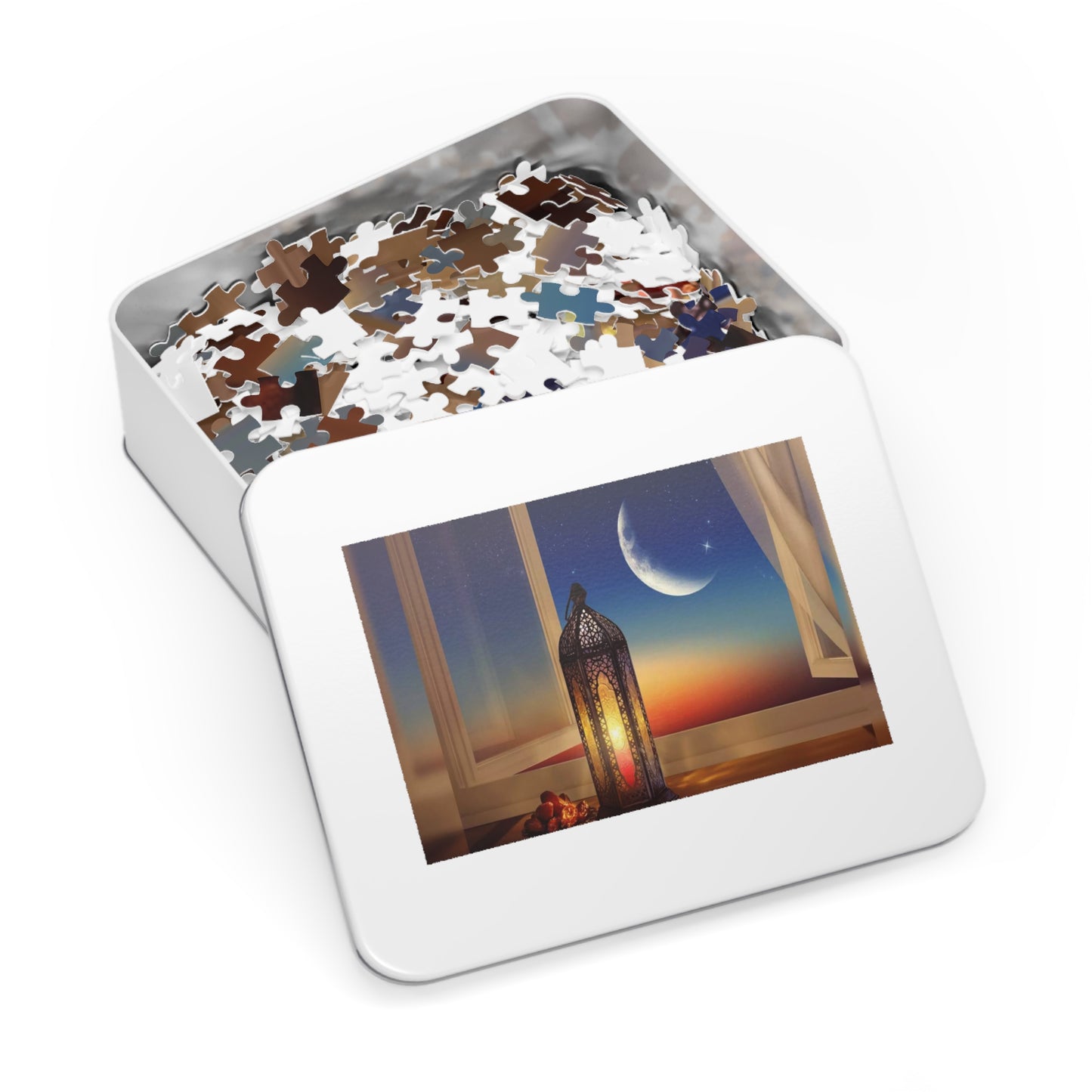 Crescent Moon Lantern Dates Jigsaw Puzzle in Tin - Family Friendly Custom Puzzle with High-Quality Pieces, 30, 110, 252, 500, 1000,