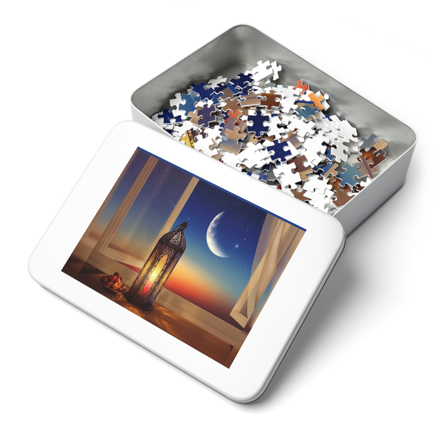 Crescent Moon Lantern Dates Jigsaw Puzzle in Tin - Family Friendly Custom Puzzle with High-Quality Pieces, 30, 110, 252, 500, 1000,