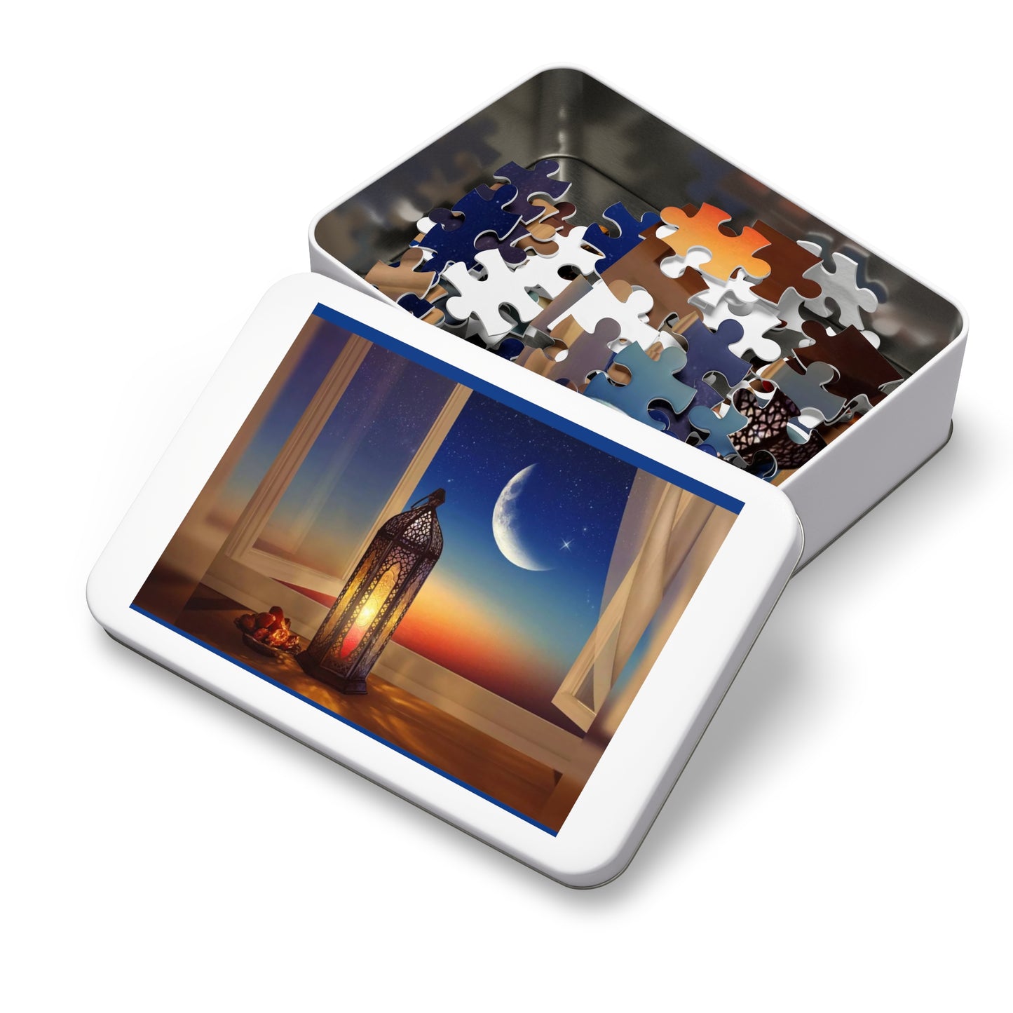 Crescent Moon Lantern Dates Jigsaw Puzzle in Tin - Family Friendly Custom Puzzle with High-Quality Pieces, 30, 110, 252, 500, 1000,