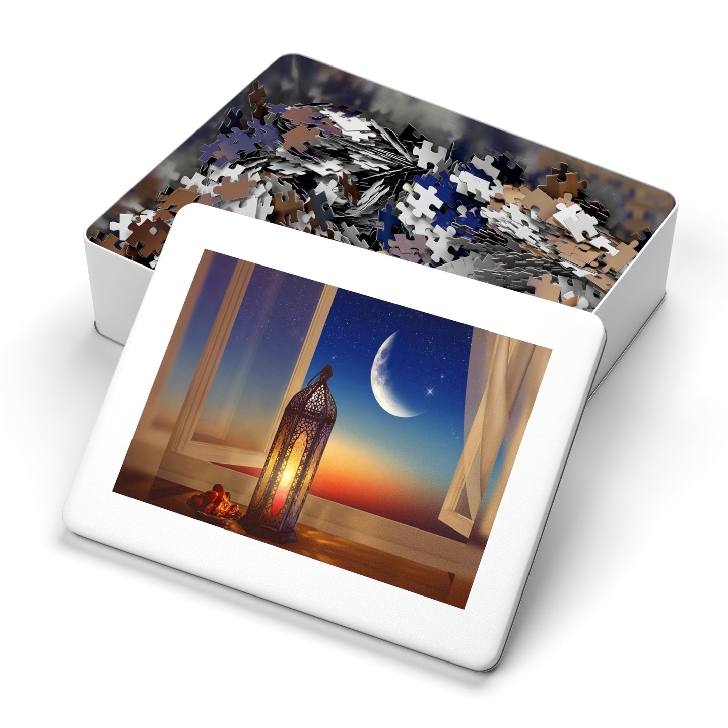 Crescent Moon Lantern Dates Jigsaw Puzzle in Tin - Family Friendly Custom Puzzle with High-Quality Pieces, 30, 110, 252, 500, 1000,