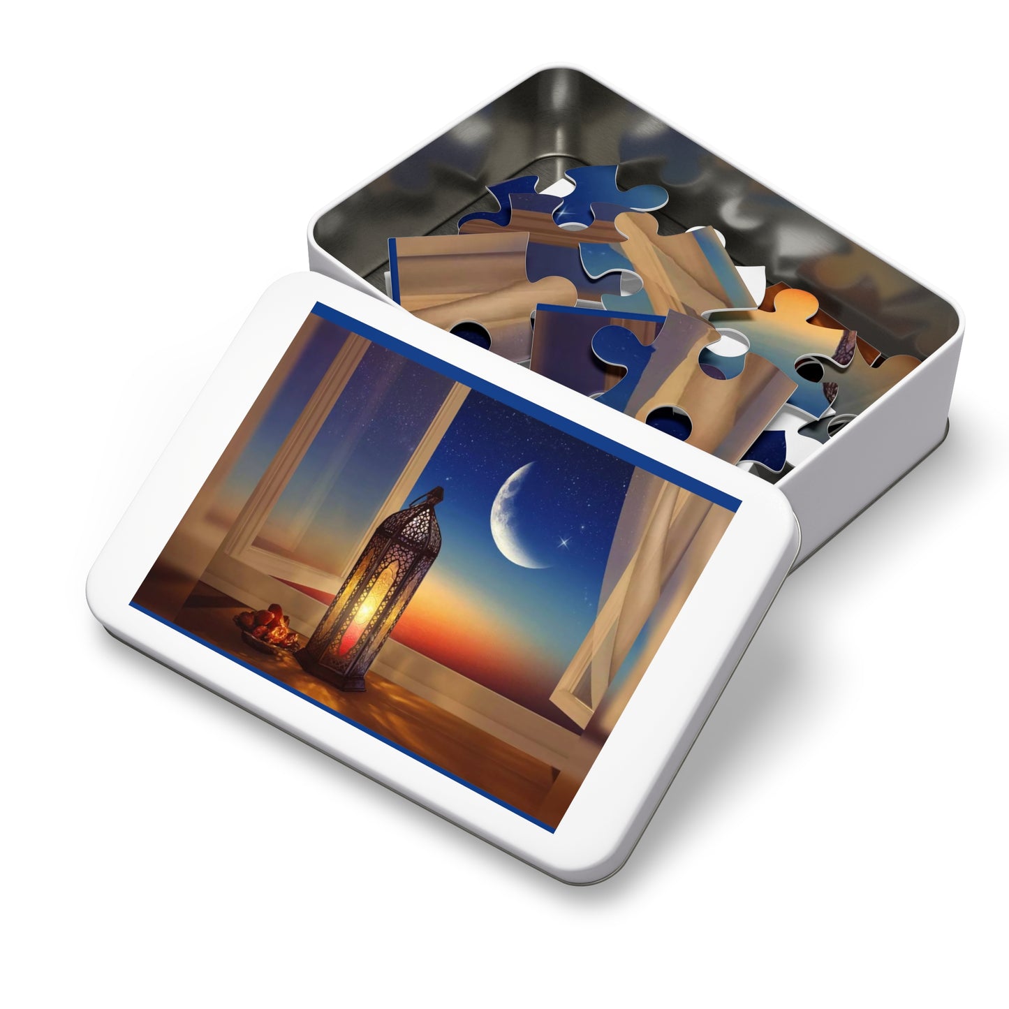 Crescent Moon Lantern Dates Jigsaw Puzzle in Tin - Family Friendly Custom Puzzle with High-Quality Pieces, 30, 110, 252, 500, 1000,