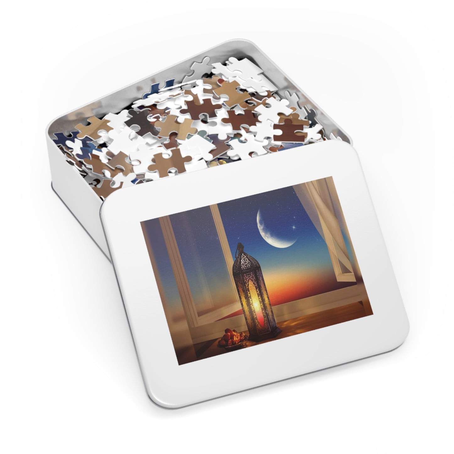 Crescent Moon Lantern Dates Jigsaw Puzzle in Tin - Family Friendly Custom Puzzle with High-Quality Pieces, 30, 110, 252, 500, 1000,
